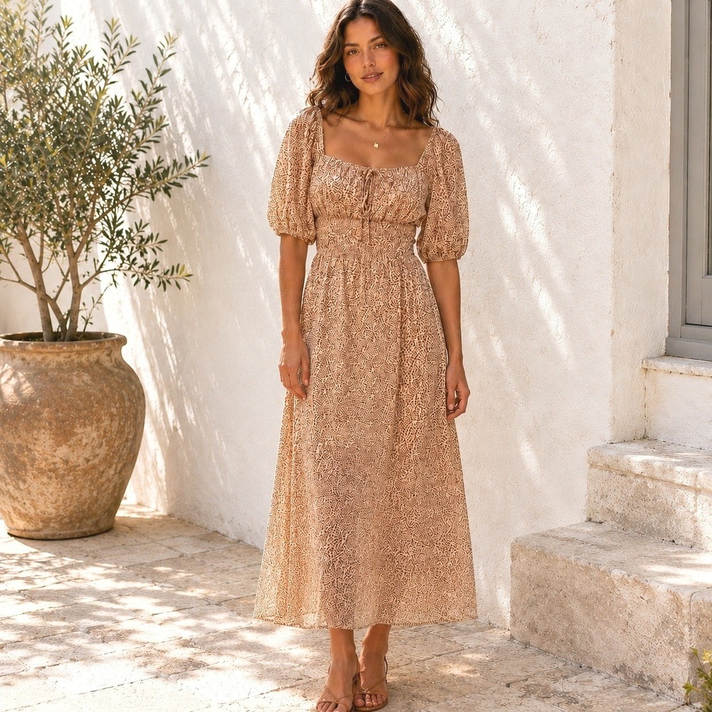 Sienna‎ Sky Animal Print Milkmaid Puff Sleeve Midi Dress Size M Cottage Peasant
